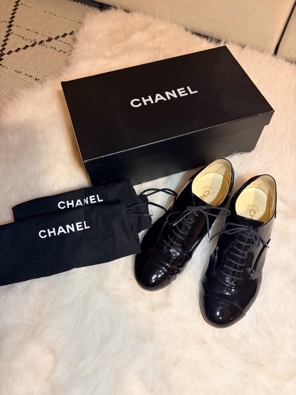 Authentic Chanel Black Patent Camellia Heel Oxfords 36.5C